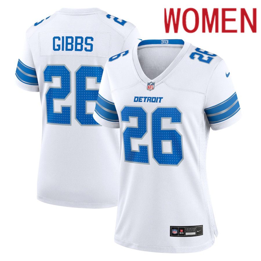 Women Detroit Lions #26 Jahmyr Gibbs Nike White Game NFL Jersey->->Women Jersey